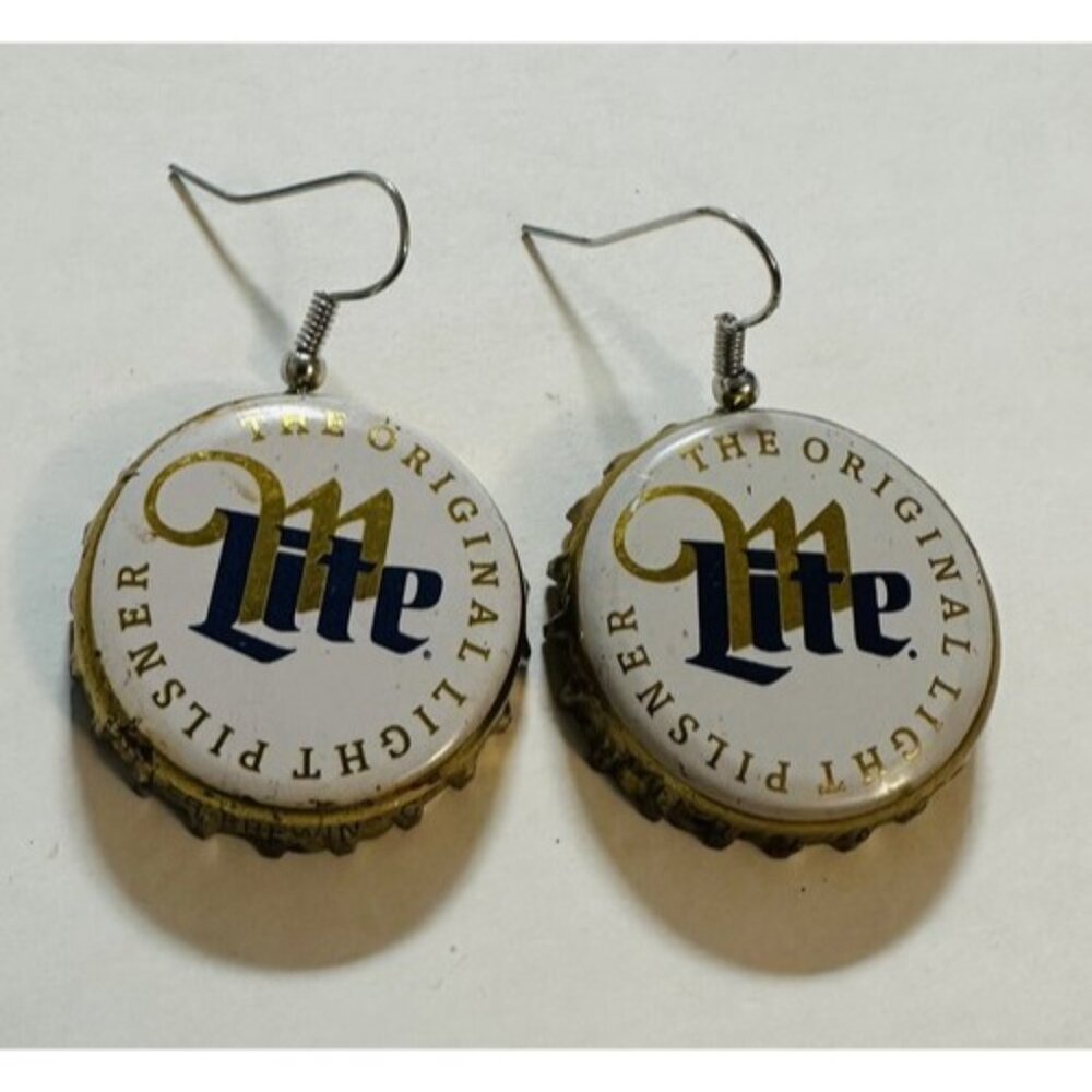 Miller Lite Beer Bottle Cap Earrings Collectible Fun Artisan Upcycled Fashion